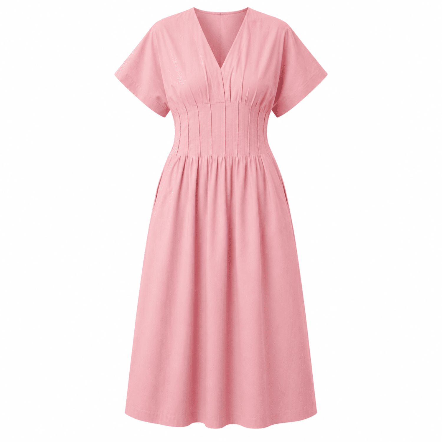 Amaud Short Sleeve V Neck Midi Dress - Pink
