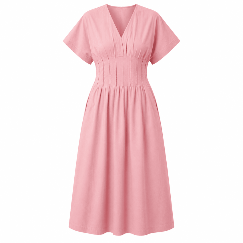 Amaud Short Sleeve V Neck Midi Dress - Pink
