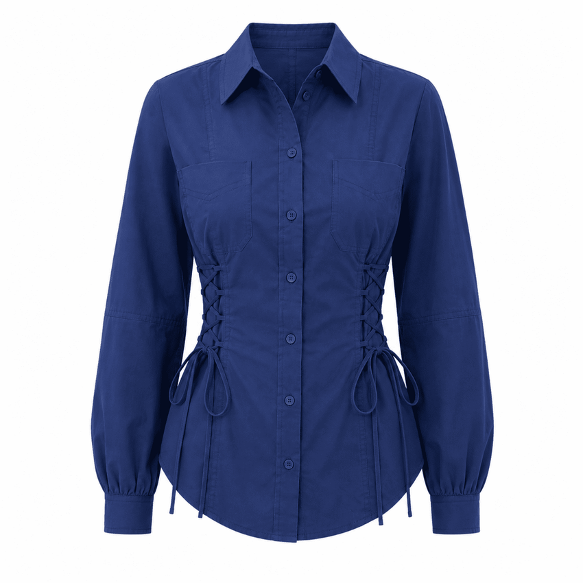 Arcene Fitted Waist Balloon Sleeve Shirt -Navy