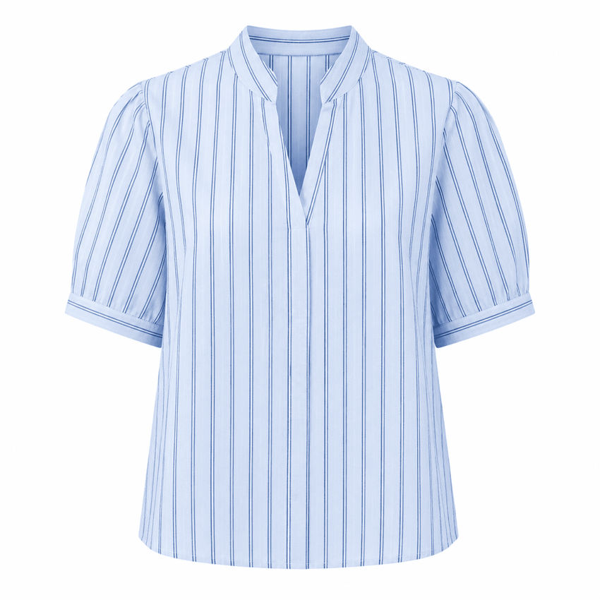 Bogy Short Sleeve V Neck Striped Blouse - Blue