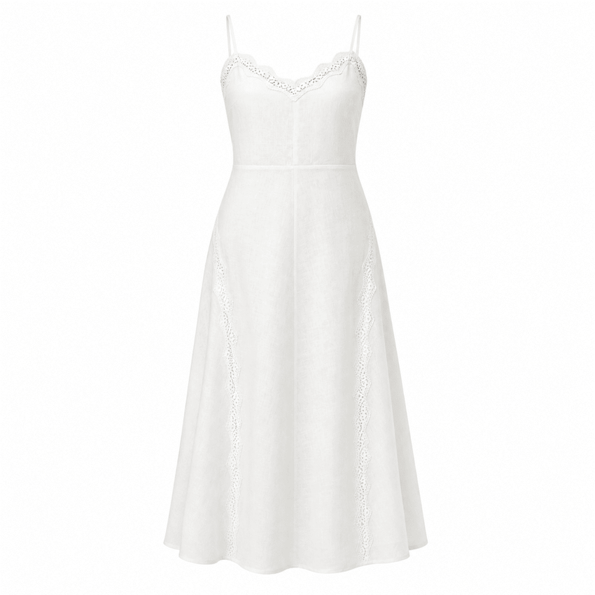 Briellyn Lace Detail Strappy Linen Midi Dress - White