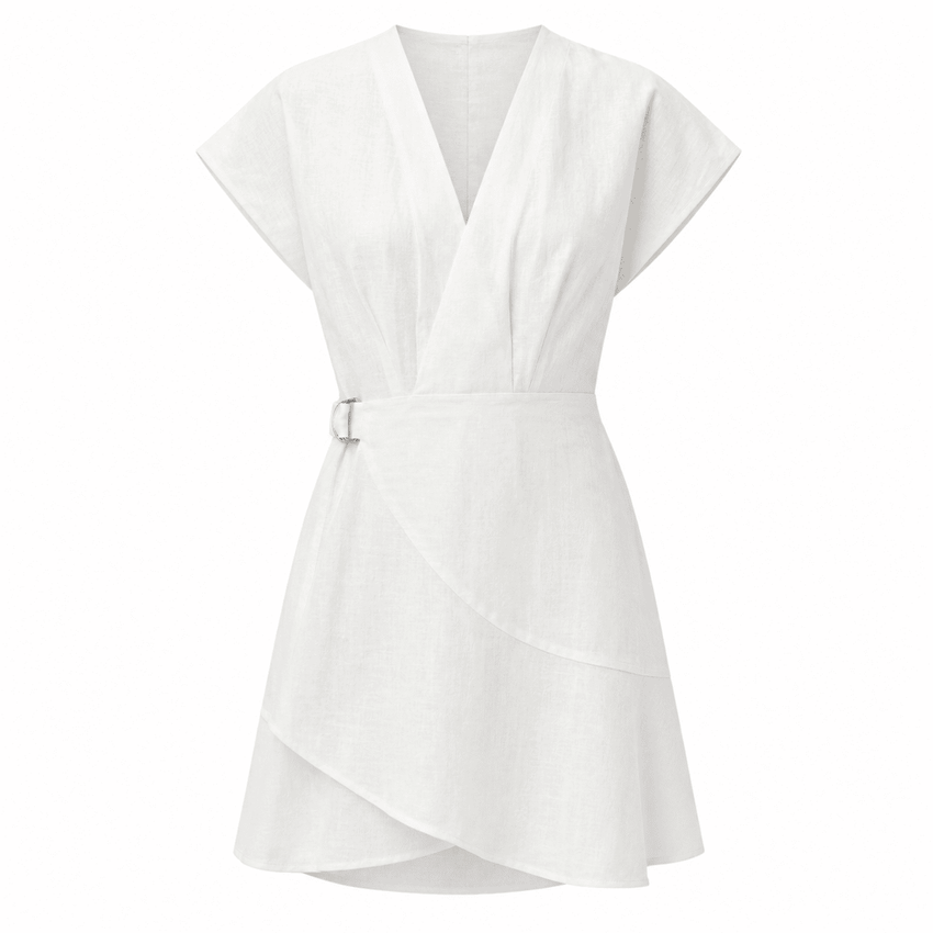 Callanne V Neck Cap Sleeve Linen Mini Dress - Ecru