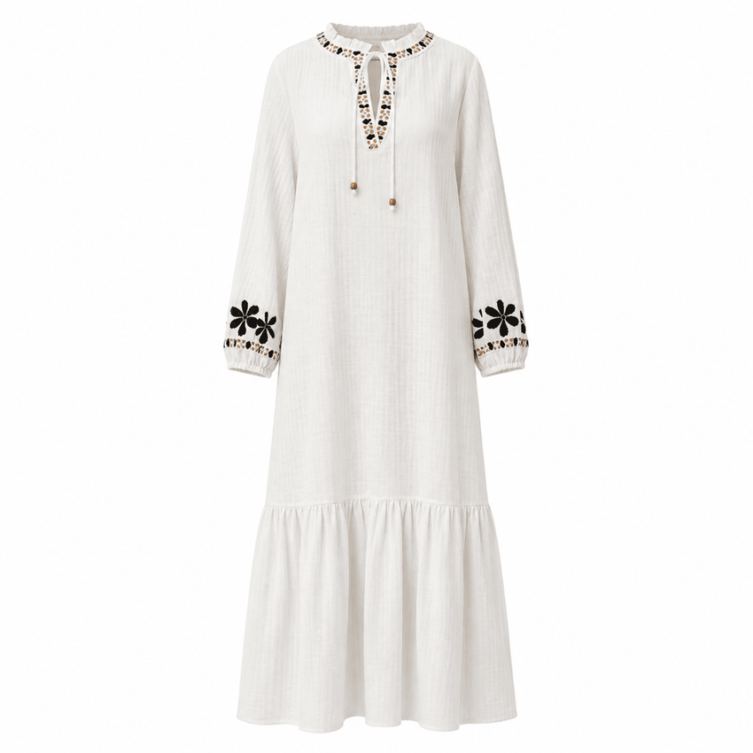 Birke Tie Neck Long Sleeve Midi Dress  - Ecru