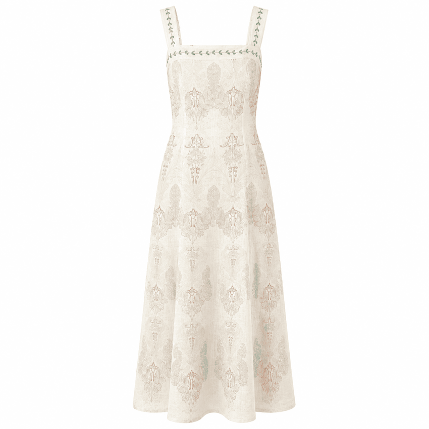 Elvis Square Neck Linen Midi Dress - Multi Color