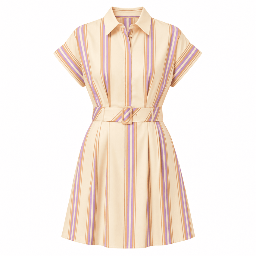Kianna Short Sleeve Belted Pocket Mini Dress- Multi Color