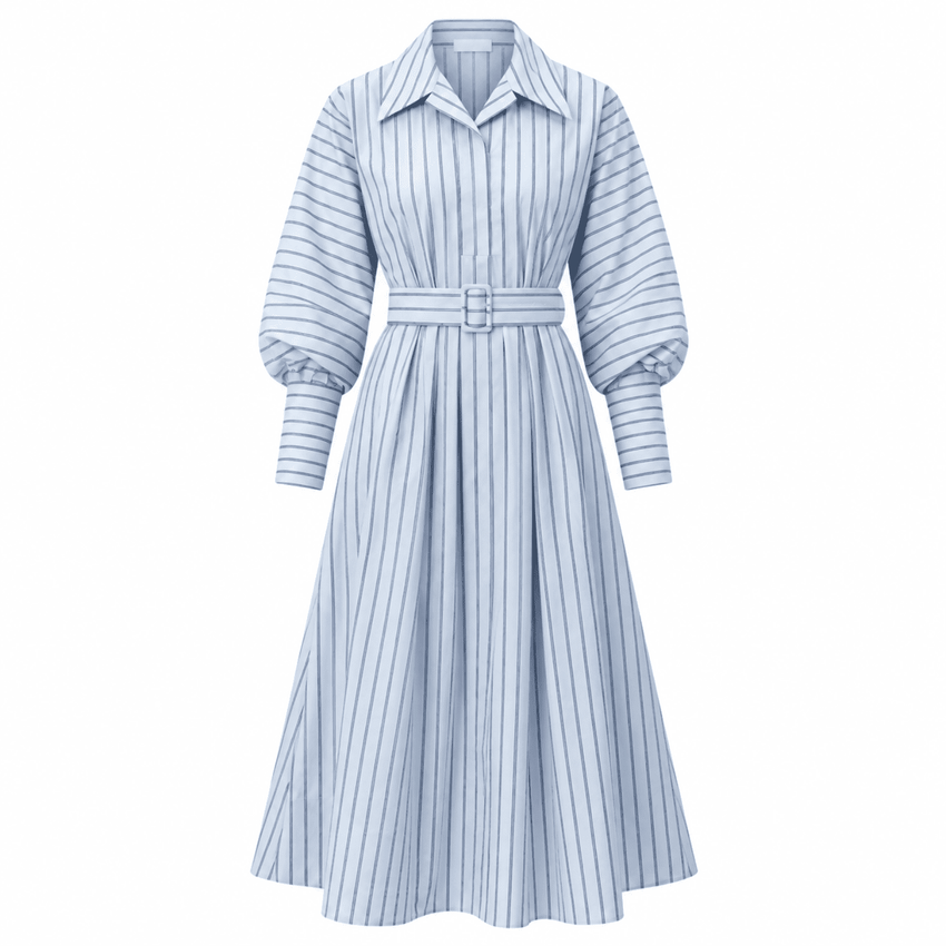 Beloved Raglan Sleeve Shirt Collar Belted Midi Dress - Blue