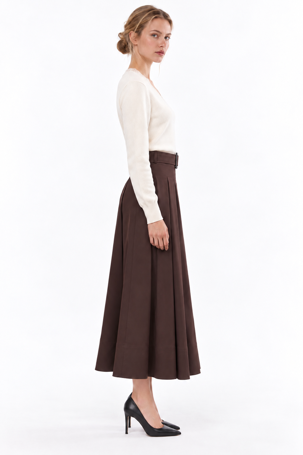 Pleated Midi Skirt with Zipper and Belt - BROWN