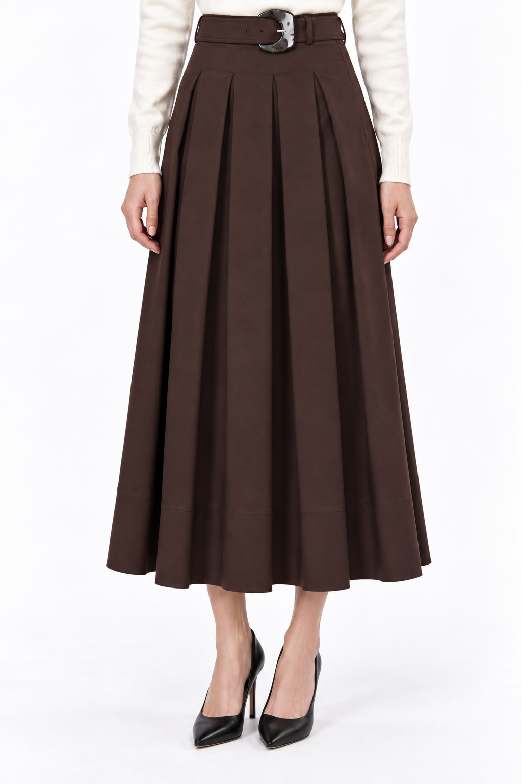 Pleated Midi Skirt with Zipper and Belt - BROWN