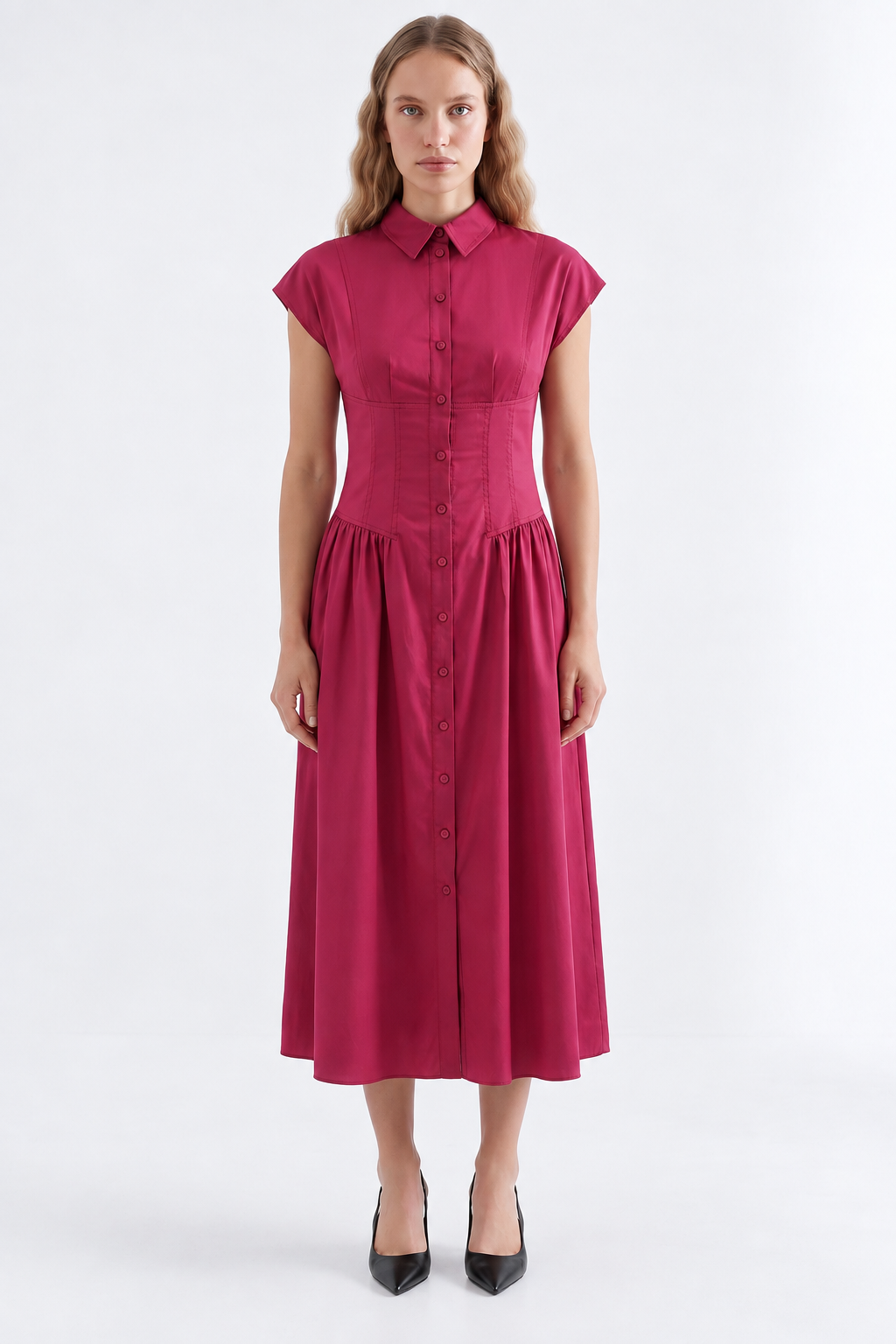 Dropped Sleeve Fitted Midi Dress - CHERRY