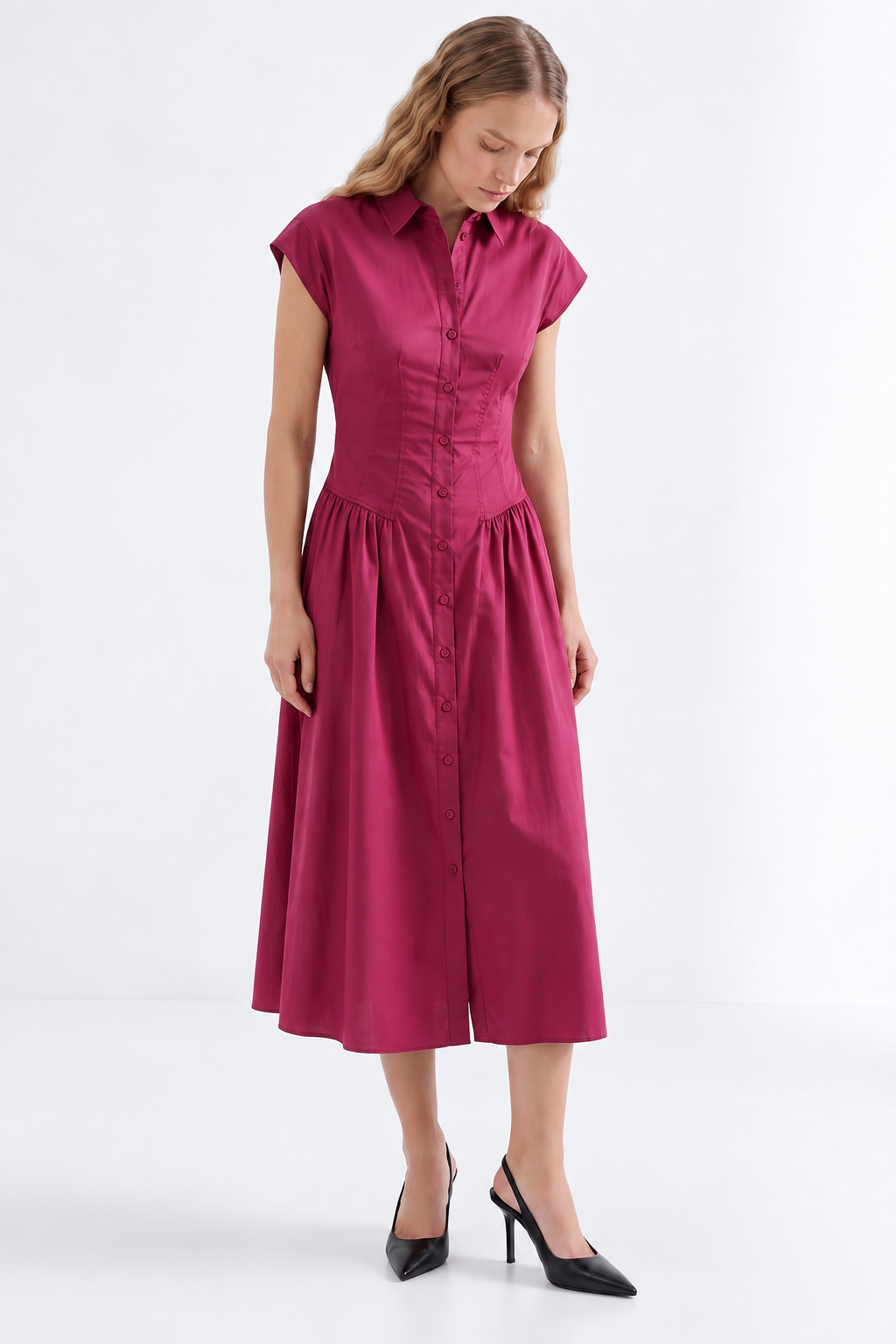 Dropped Sleeve Fitted Midi Dress - CHERRY