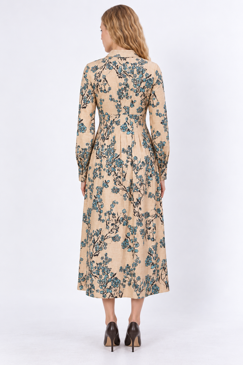 Long Sleeve Fitted Pleated Midi Dress - MULTICOLOR