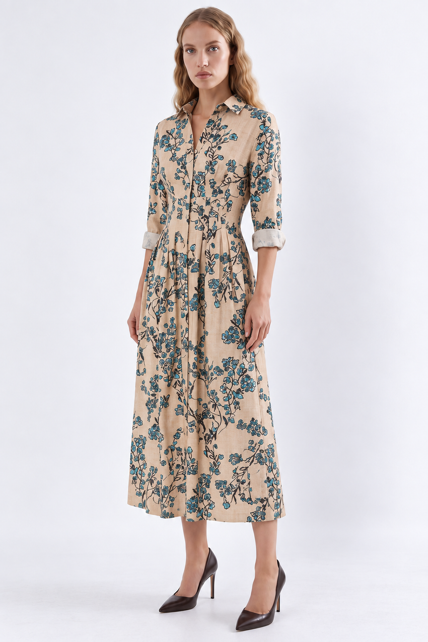 Long Sleeve Fitted Pleated Midi Dress - MULTICOLOR