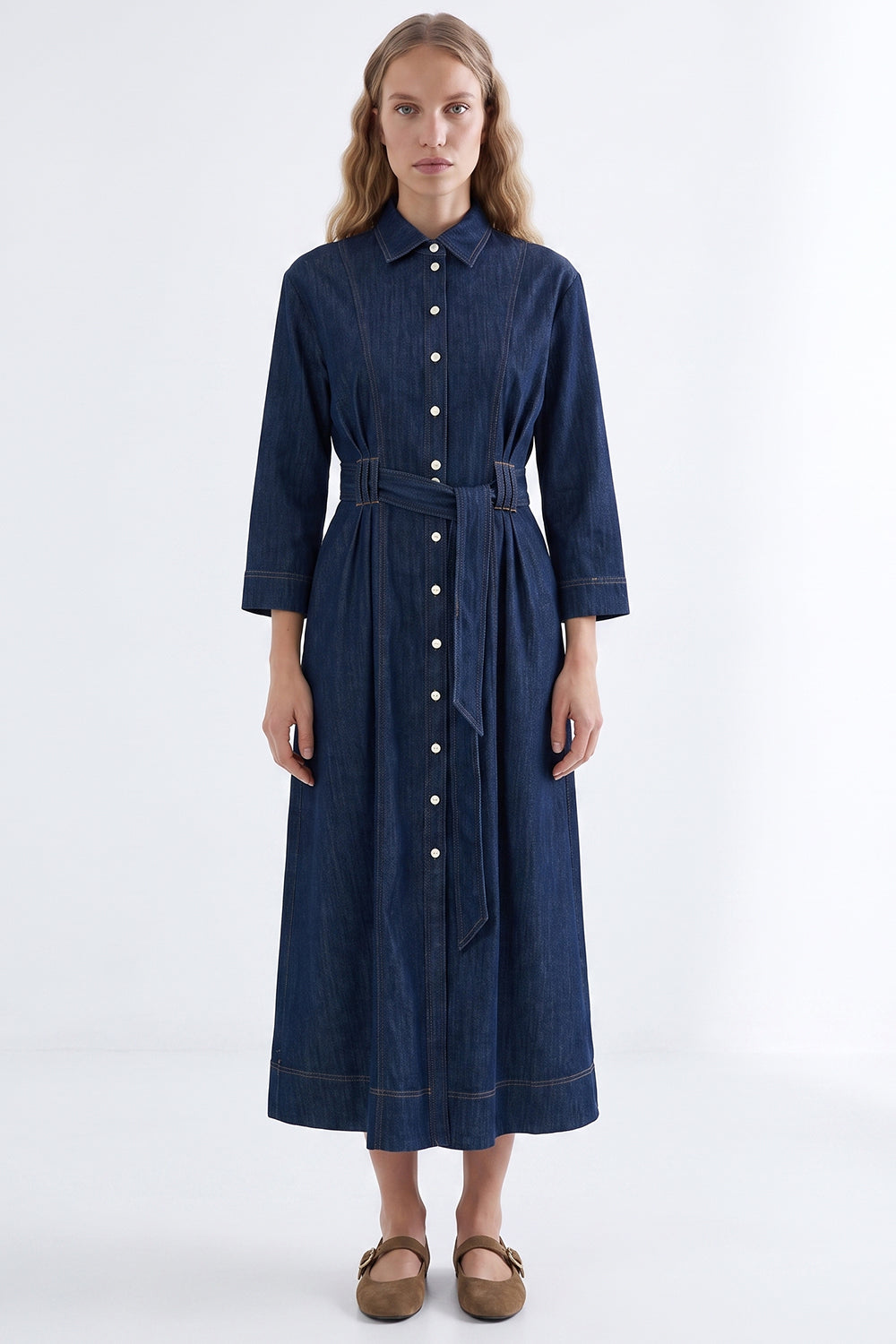 Long Sleeve Belted Denim Midi Shirt Dress - INDIGO