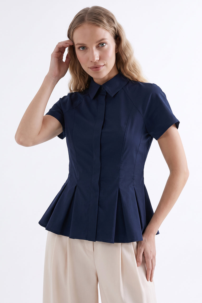 Dropped Sleeve Pleated Zigzag Stitch Shirt - NAVY