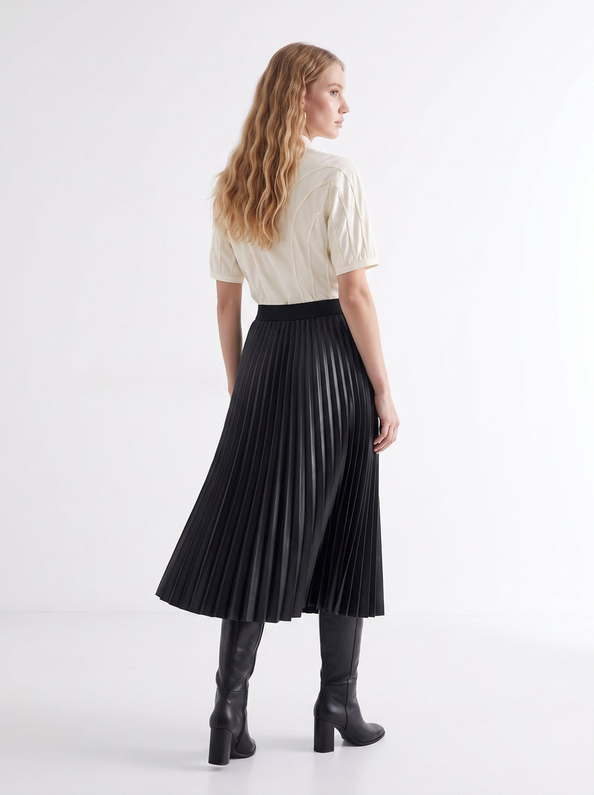 Elastic Waist Faux Leather Pleated Midi Skirt - BLACK