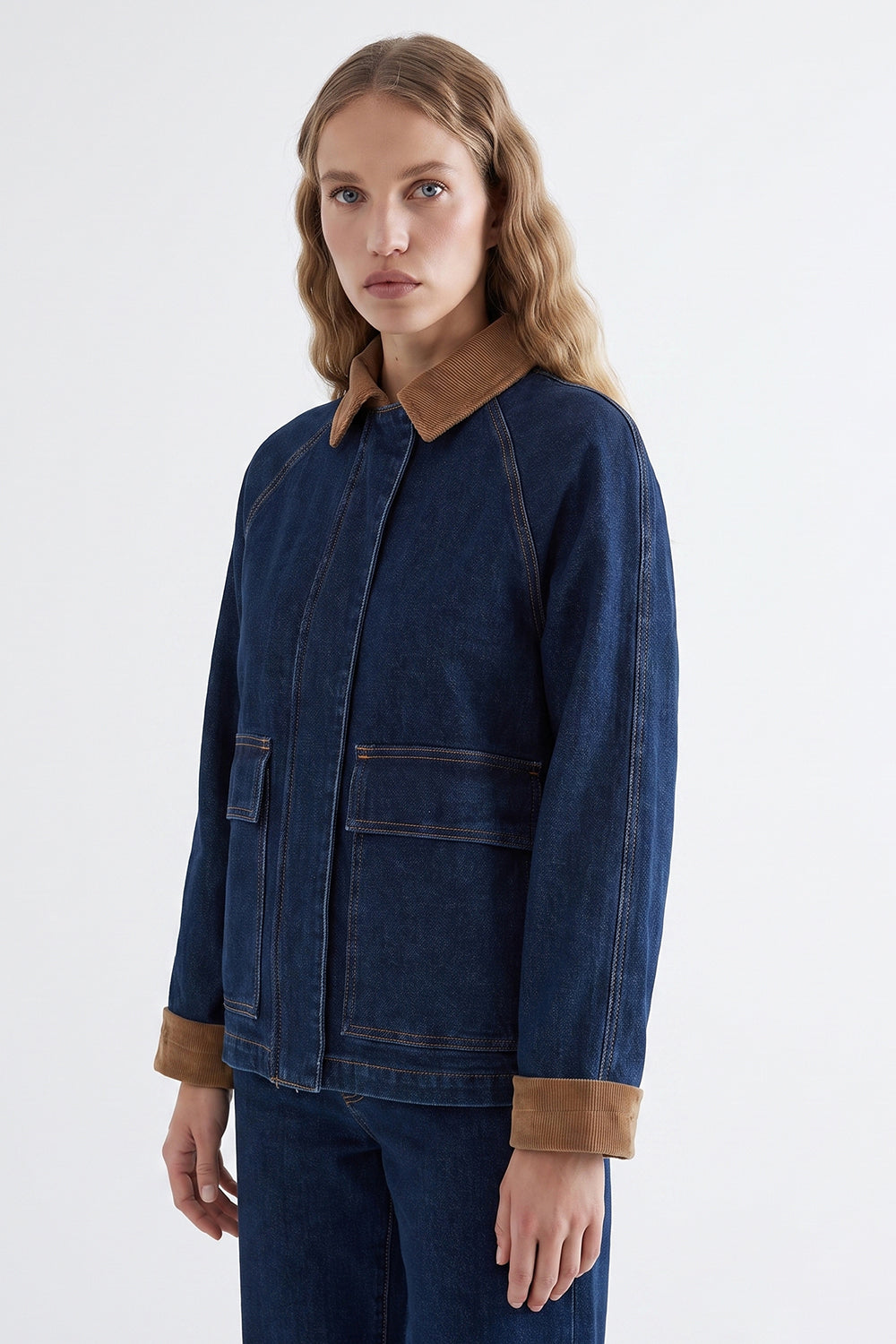 Lined Denim Jacket with Velvet Trim - INDIGO