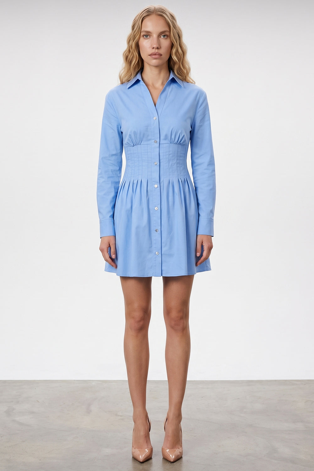 Fitted Mini Dress with Metal Buttons - BLUE