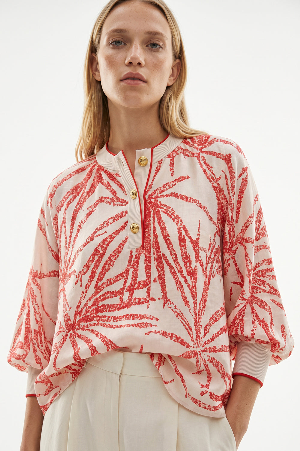 Mandarin Collar Button Detail Printed Blouse - BEIGE RED