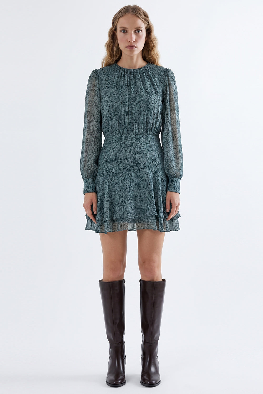 Round Neck Lined Flared Mini Dress - MULTICOLOR