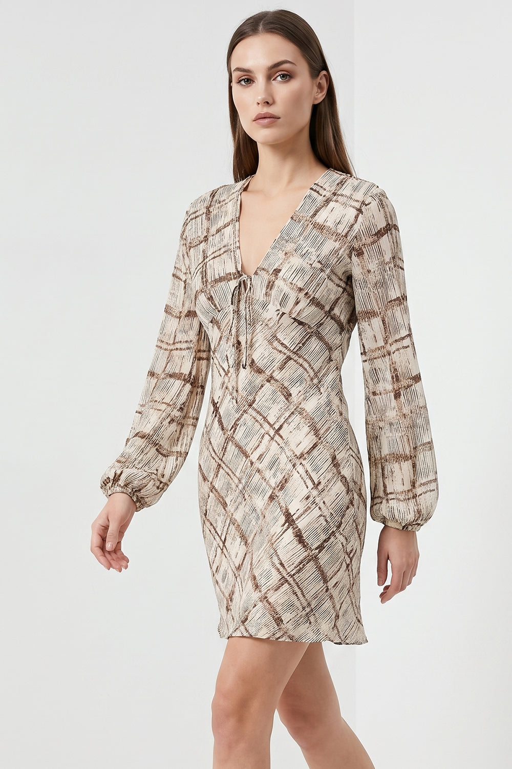 Elasticated Sleeve V Neck Lined Dress - MULTICOLOR
