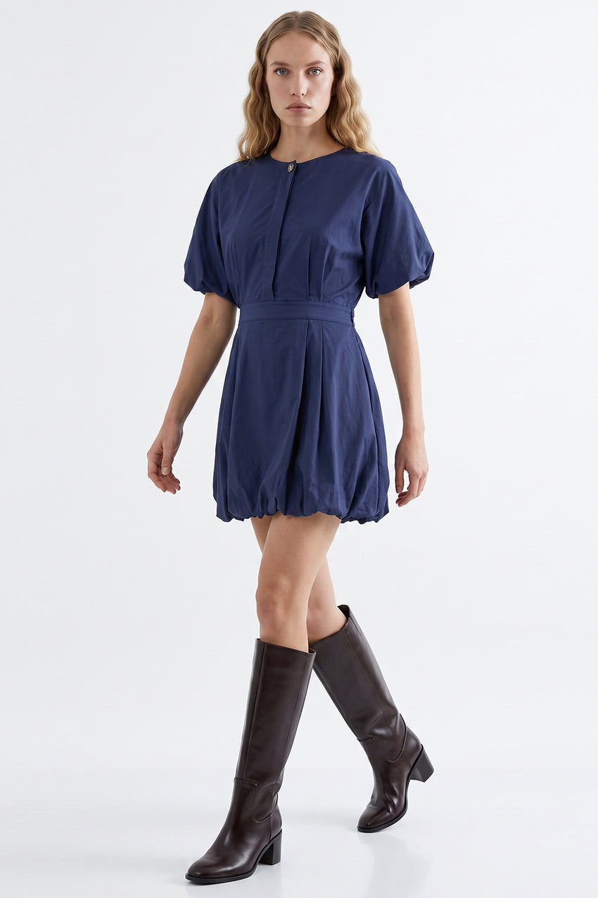 Balloon Sleeve Lined Mini Dress with Elastic Waist - BLUE