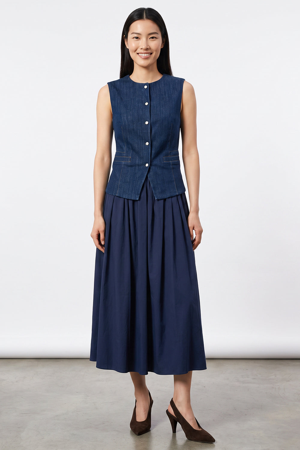 Denim Trim Zip-Front Midi Dress - BLUE