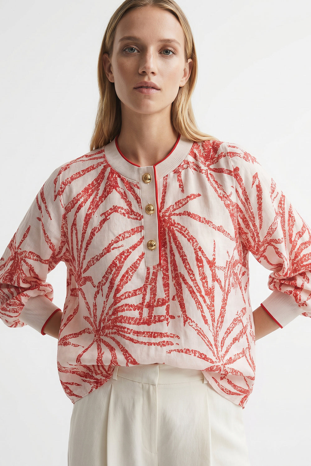 Mandarin Collar Button Detail Printed Blouse - BEIGE RED