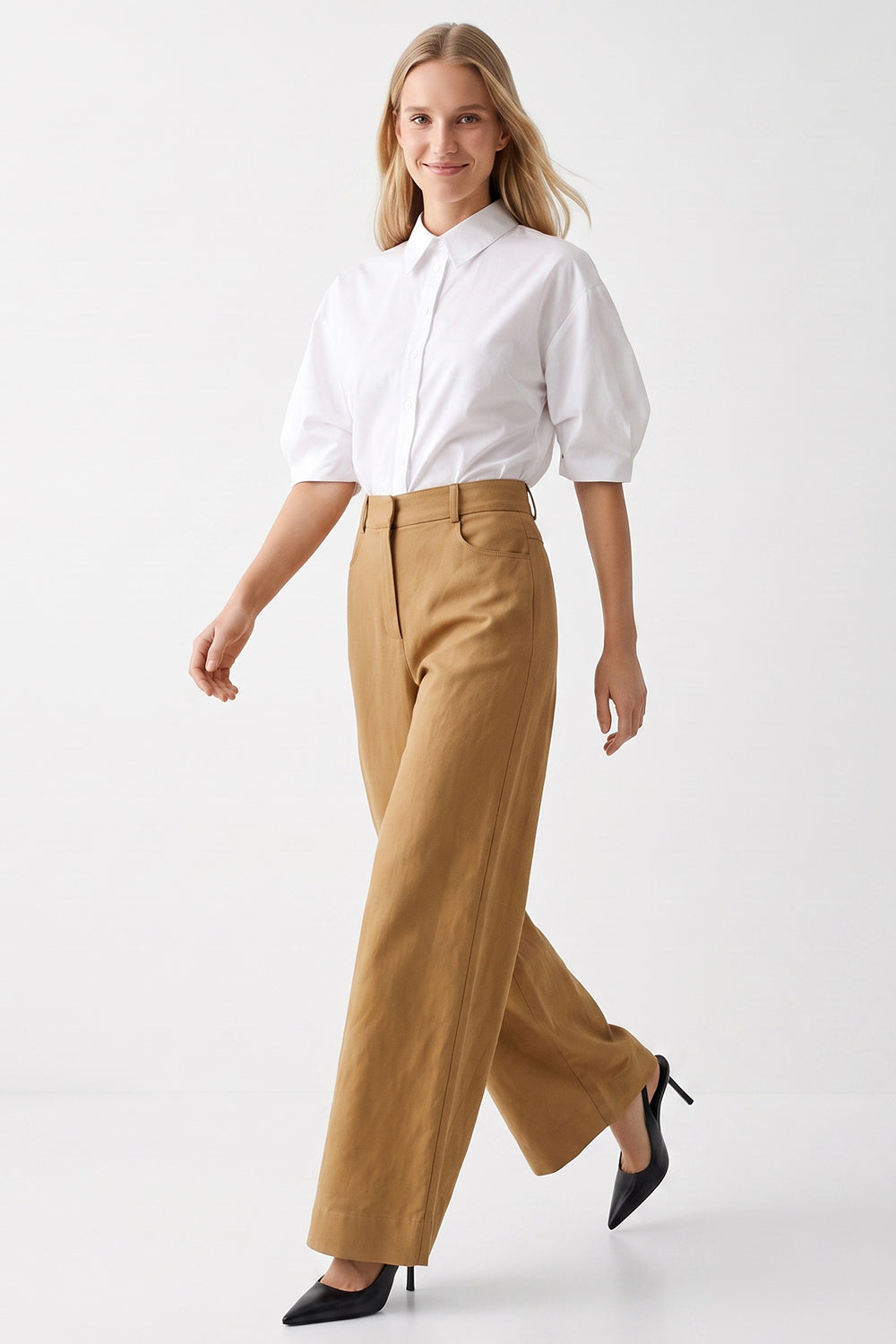 High-Waisted Wide Leg Linen Pants - CAMEL