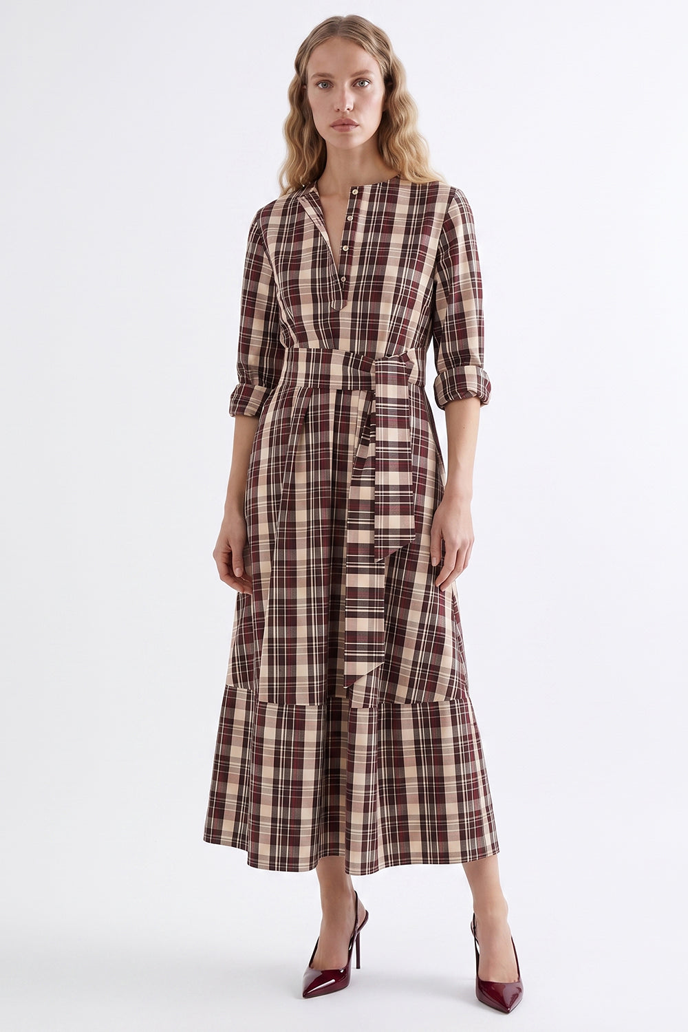 Round Neck Midi Dress with Belt and Pockets - MULTICOLOR