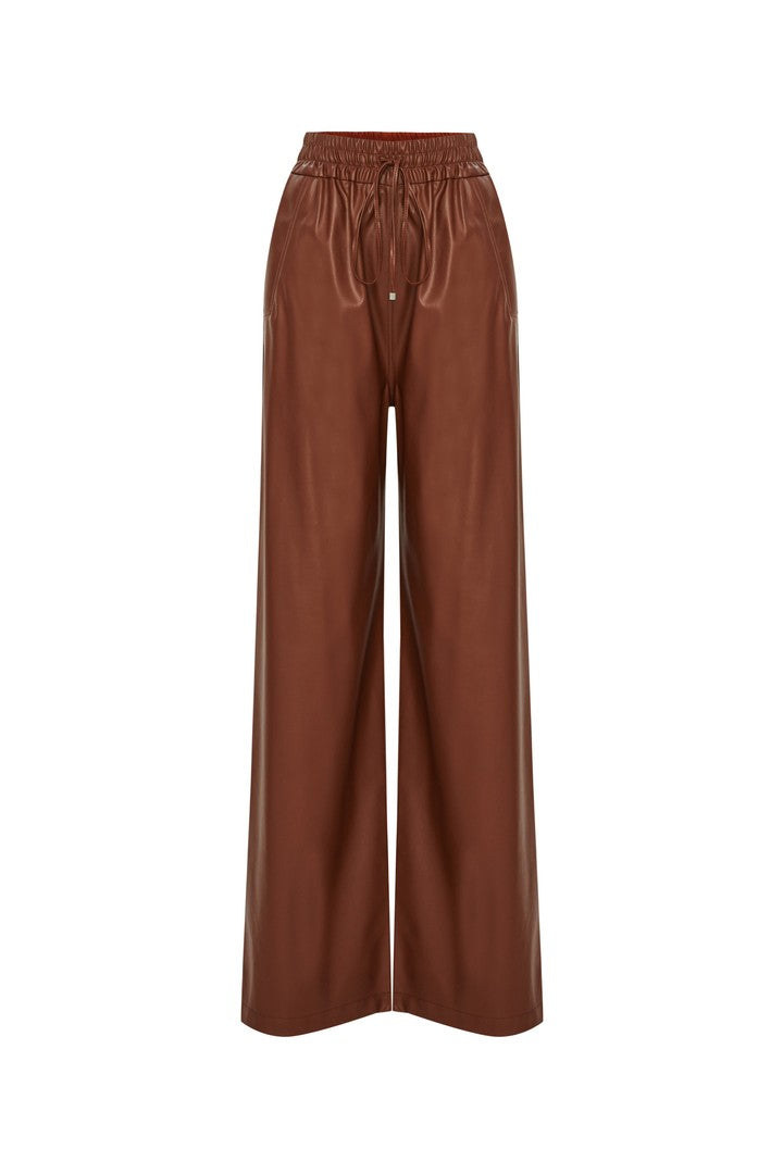 Vegan Leather Trousers with Pockets and Elastic Waist - Tan