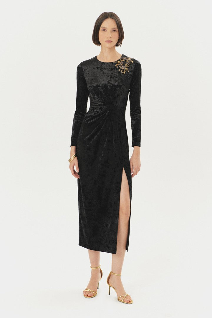 Hand-Embroidered Maxi Velvet Dress with Side Slits - Black