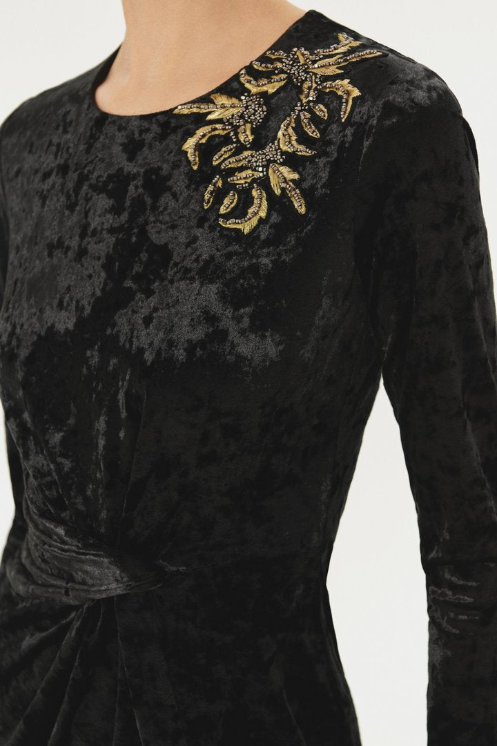 Hand-Embroidered Maxi Velvet Dress with Side Slits - Black
