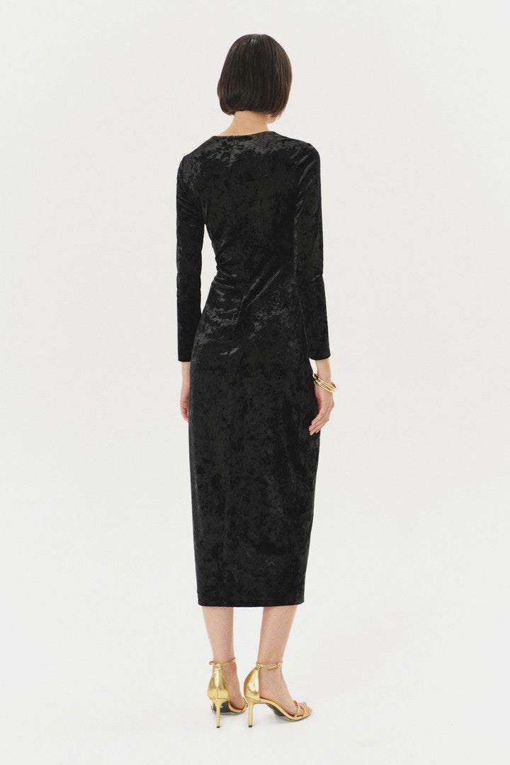 Hand-Embroidered Maxi Velvet Dress with Side Slits - Black
