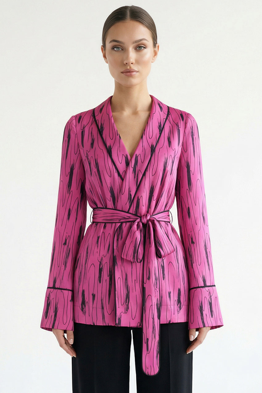 Belted Patterned Jacket - Multicolor