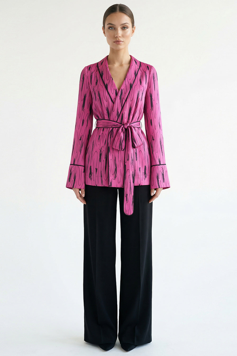 Belted Patterned Jacket - Multicolor