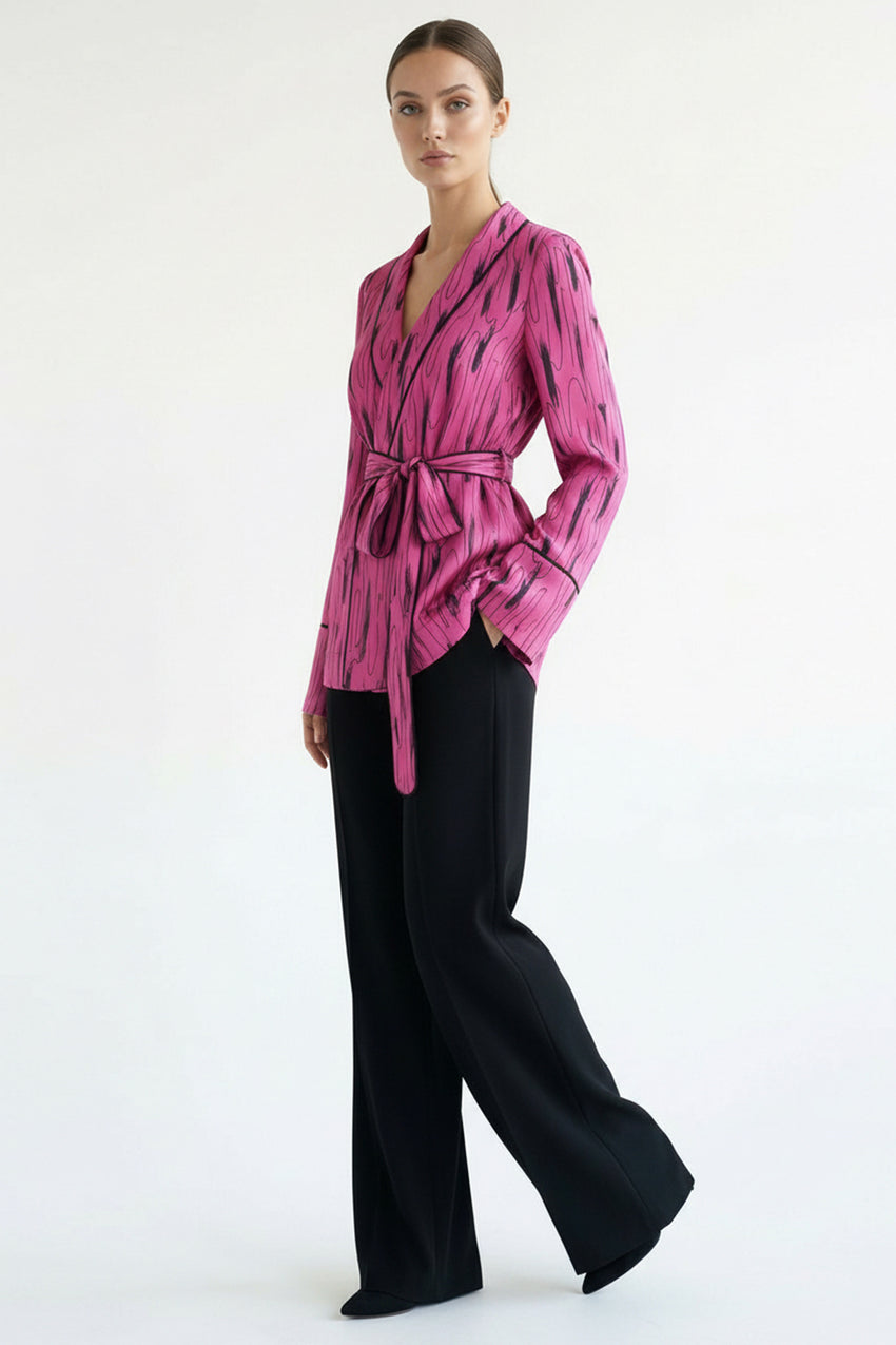 Belted Patterned Jacket - Multicolor