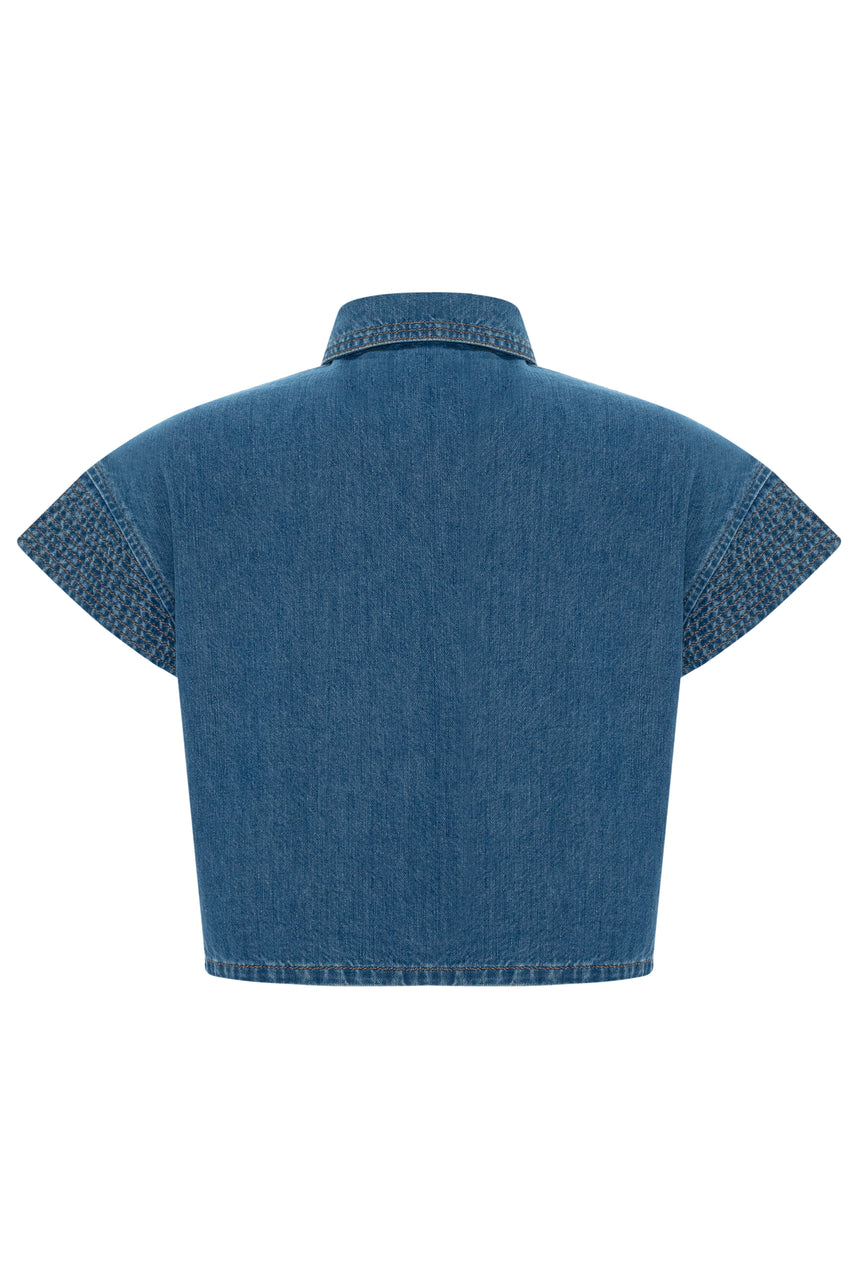 Denim Look Pocketed Shirt - BLUE