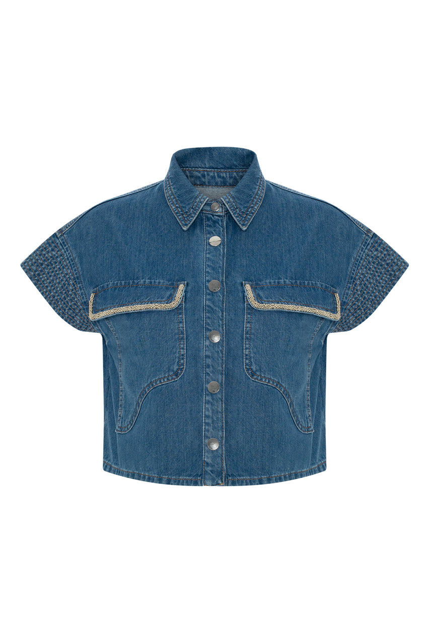 Denim Look Pocketed Shirt - BLUE