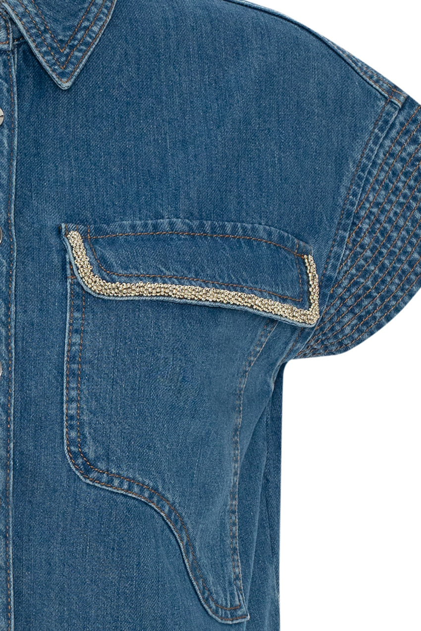 Denim Look Pocketed Shirt - BLUE