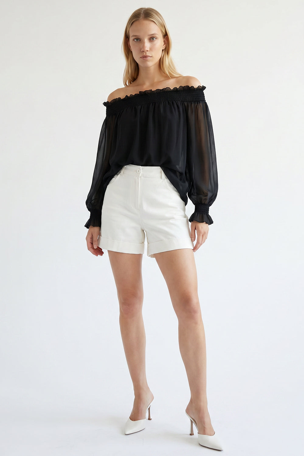 Pocketed Button Front Denim Shorts - ECRU