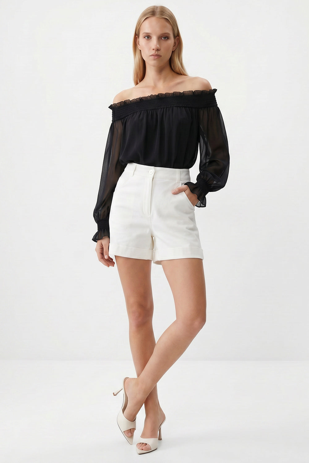 Pocketed Button Front Denim Shorts - ECRU