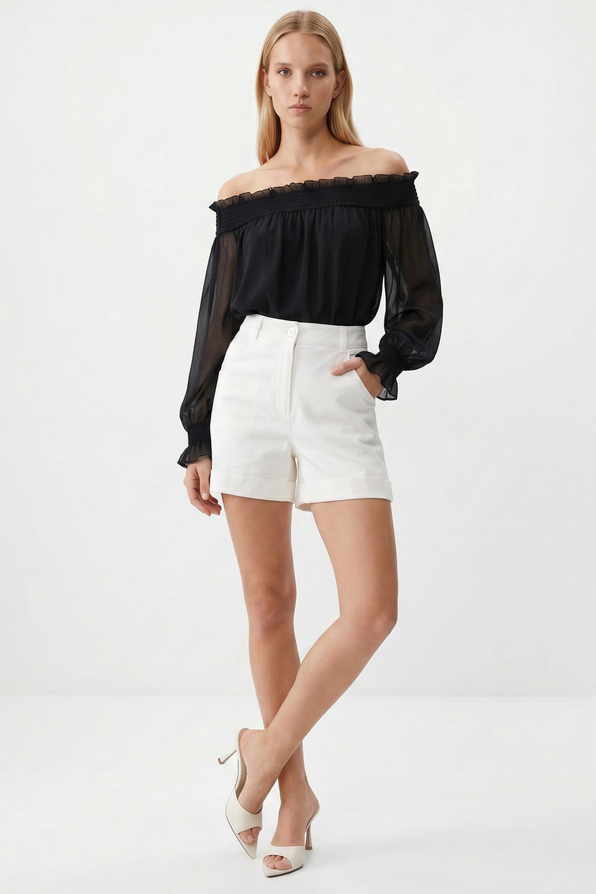 Pocketed Button Front Denim Shorts - ECRU