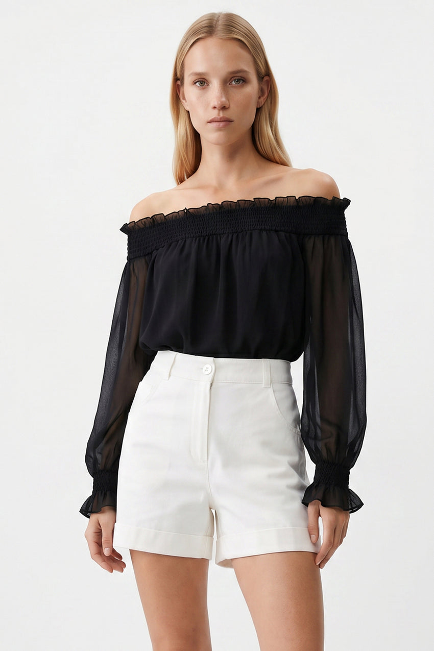 Pocketed Button Front Denim Shorts - ECRU