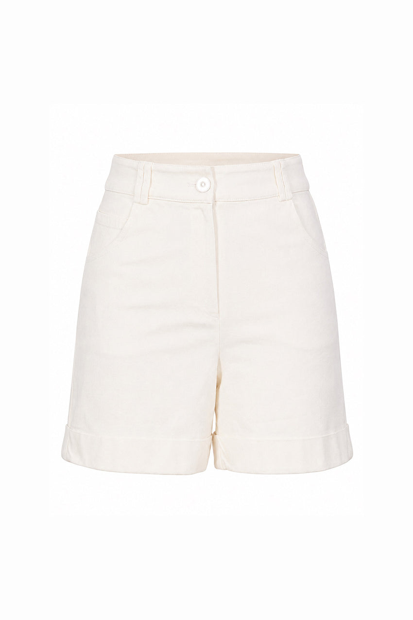 Pocketed Button Front Denim Shorts - ECRU