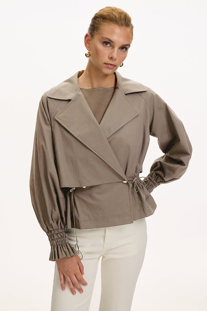 Beige Regular Fit Cotton Jacket with Shirt Collar, Raglan Sleeves, and Lining