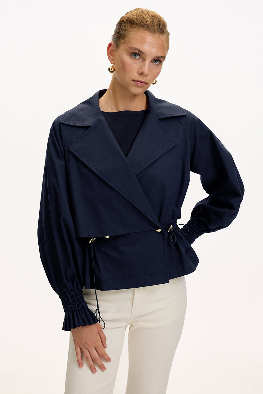 Navy Regular Fit Cotton Jacket with Shirt Collar, Raglan Sleeves, and Lining