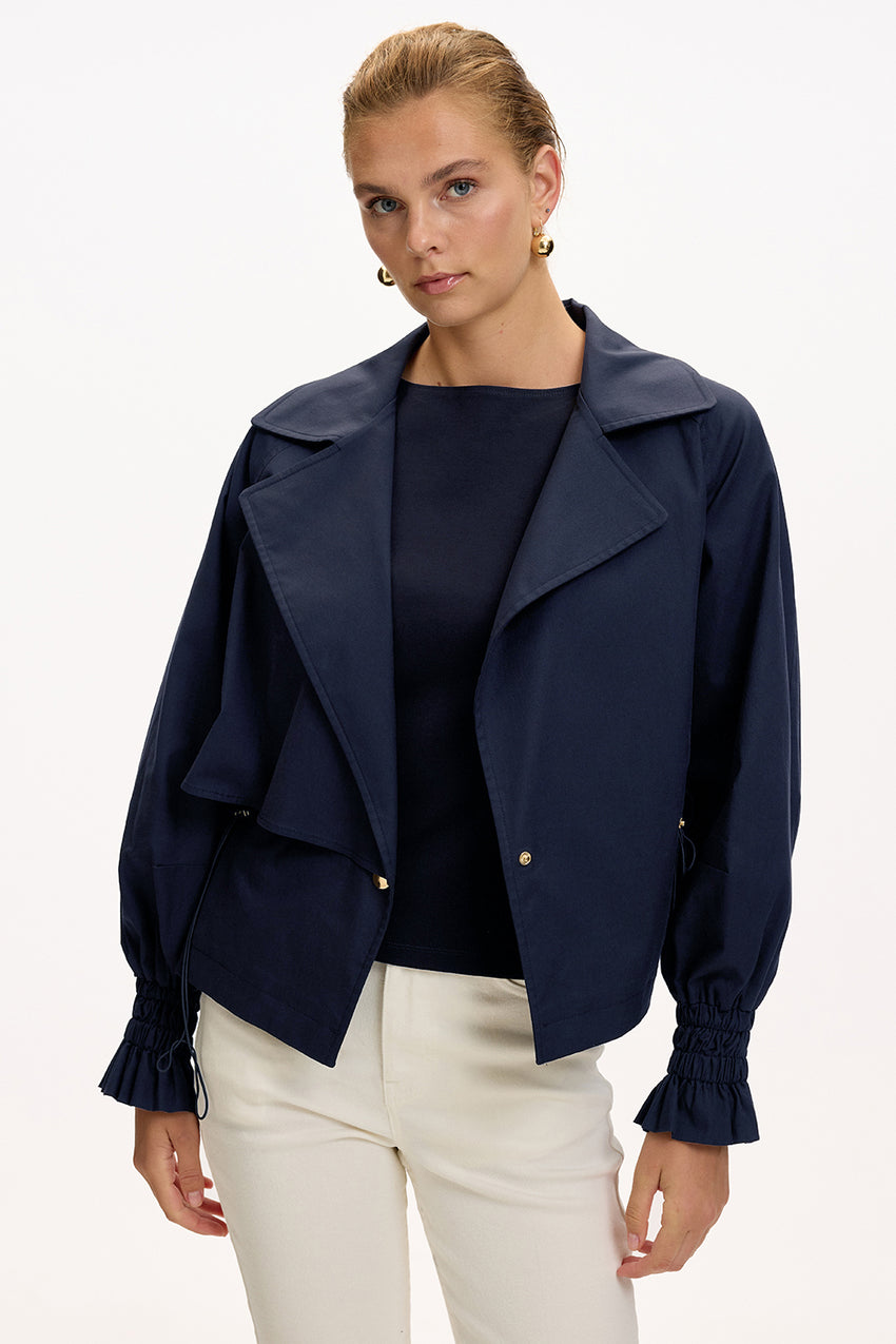 Navy Regular Fit Cotton Jacket with Shirt Collar, Raglan Sleeves, and Lining