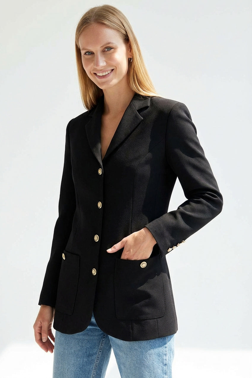 Structured Gold Button Blazer Jacket with Long Sleeves