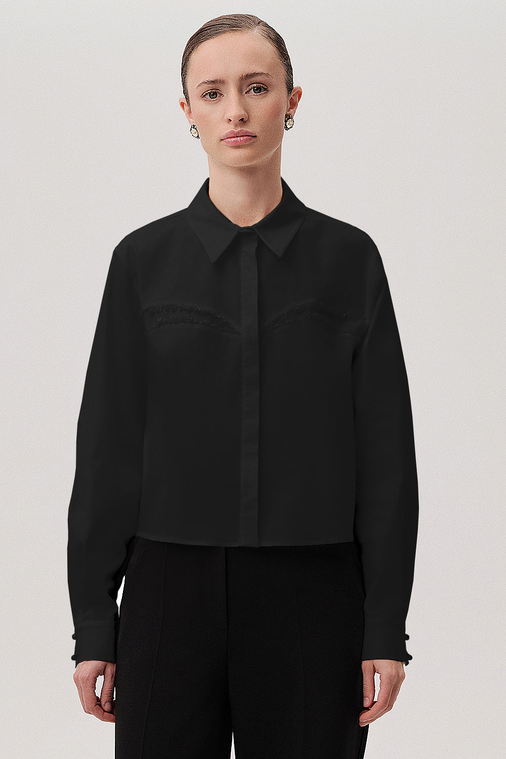 Shirt Collar Long Sleeve Shirt - BLACK