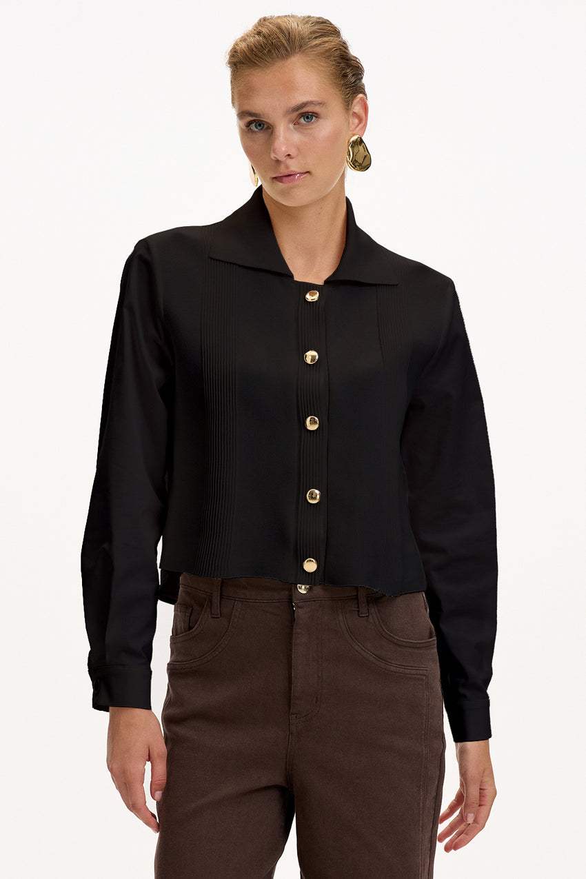 Black Regular Fit Poplin Shirt with Long Sleeves and Knit Panel Details